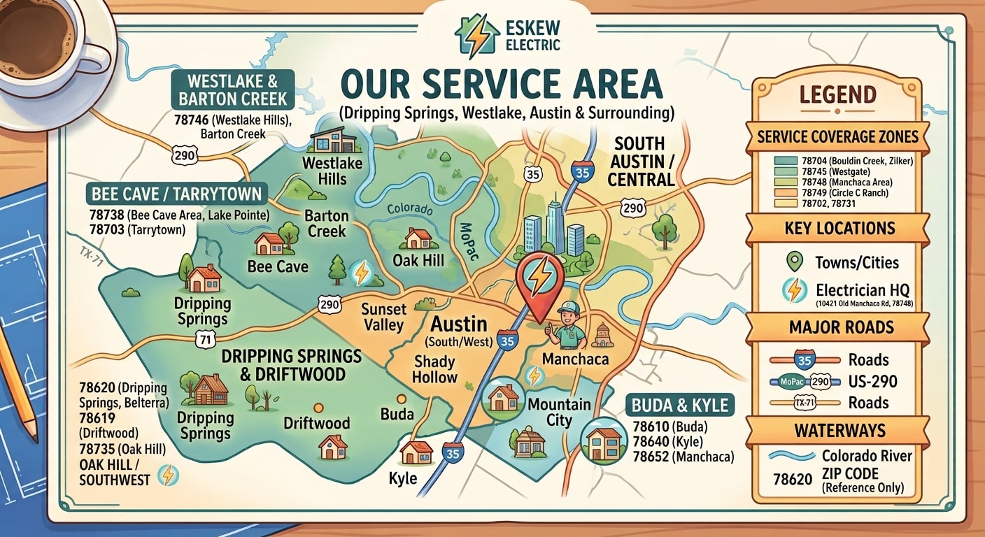 Eskew Electric service area map covering Austin, Dripping Springs, Westlake, Bee Cave, Buda, Kyle, and surrounding Central Texas communities